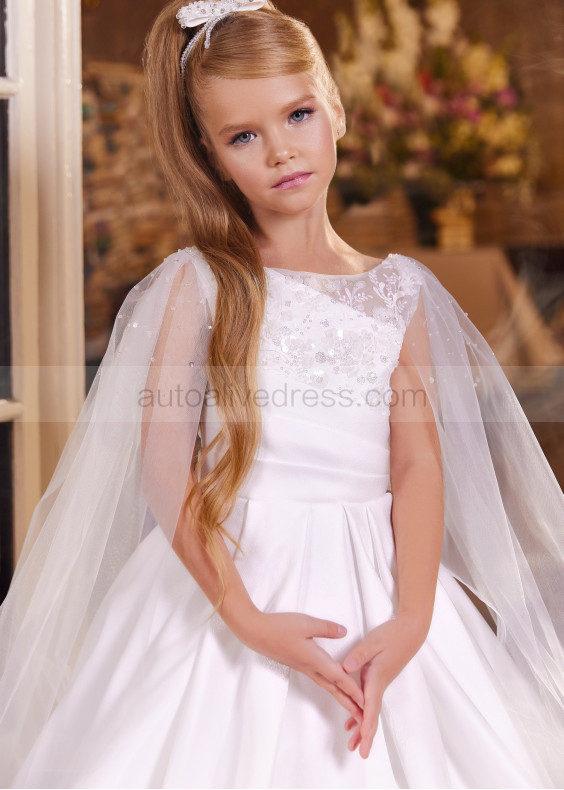 Beaded Lace Pleated Satin Flower Girl Dress With Cape